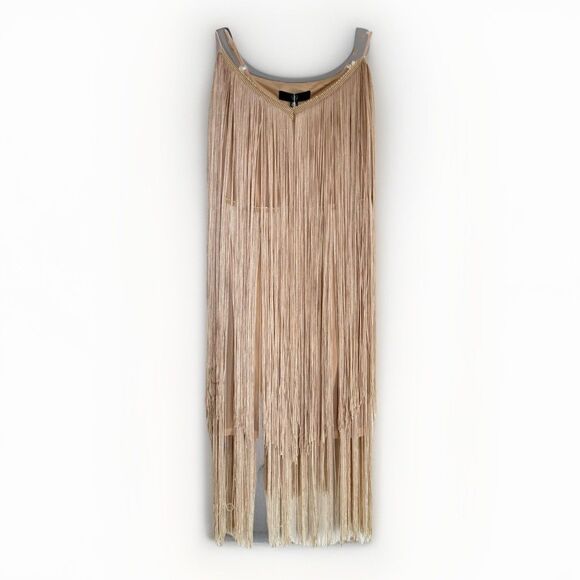 Misguided Dresses & Skirts - NWT Misguided Strappy Fringe 20’s Dress Gold Ivory Mini / Midi Stretch Size 4